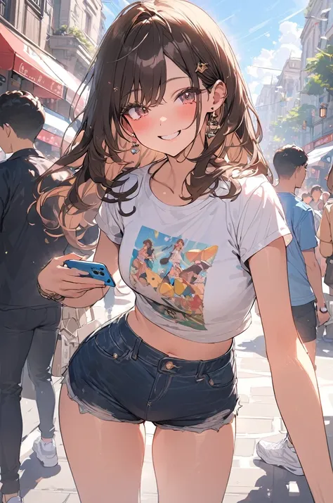 (masterpiece:1.5), highest quality, Super detailed, very detailed, exquisite, 16k, Full HD, very aesthetic, absurdres, anime style, 1girl, high school girl, beautiful, female, super sexy girl, 18 years old, shoulder-length brown hair, brown hair, joyful sm...