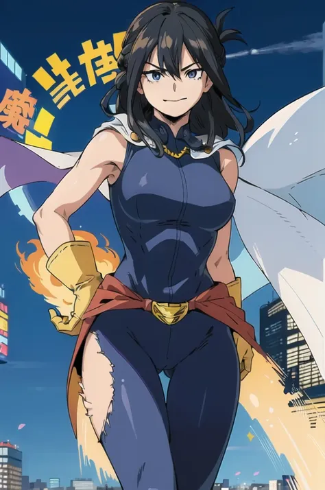 (masterpiece, best quality:1.4), cinematic light, colorful, high contrast, (1girl), NanaShimura, boku no hero academia,  ((yellow gloves)), black hair, long hair, [folded ponytail:0.5], (white cape), (large breasts), blue eyes, sleeveless, whole bodysuit, ...