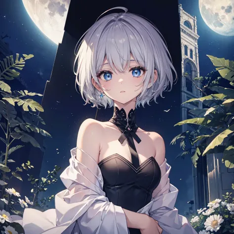 (((1 person)))　((High resolution　Gray Hair　short hair　 shoulder))　((Black Band　Lonely　despair　blue eyes))　　moon　star　nude chest clothes open beautiful girl high school girl