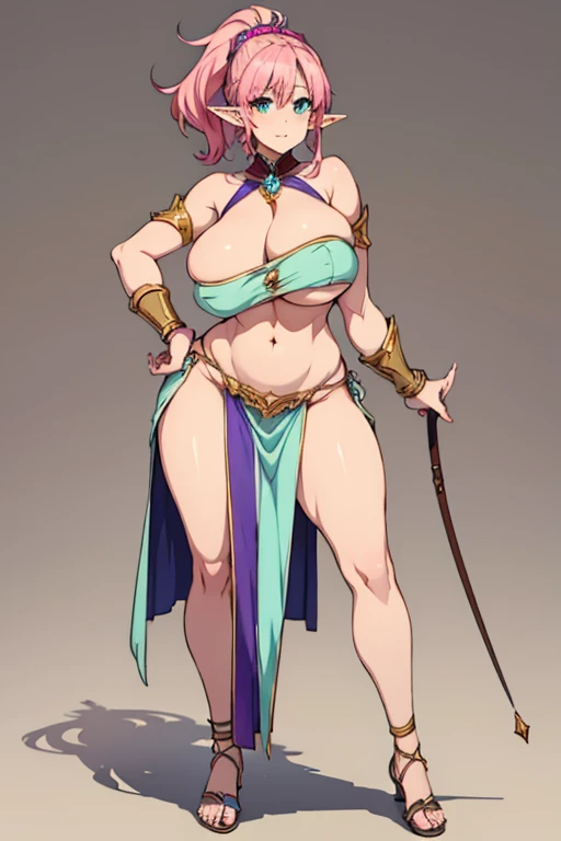 a pixel art style, woman warrior with pink hair and elf-like ears. wearing a revealing outfit, including a white and turquoise top and matching accessories. (Huge breasts) (Wide pelvis) She appears to have a gauntlet, characters expression is confident and...