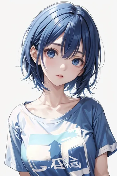 1girl,solo,blue hair,cobalt blue hair,short hair,(t-shirts:1.4)