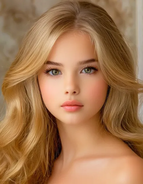 1 young American girl 12 years old, Beautifull, Alone,  your voice is clear, long blonde hair, long and blond hair,with a subtle rosy glow on her cheeks, and carries himself with an air of elegance and poise. His eyebrows are arched and well groomed.., and...