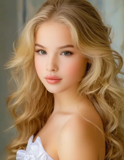 1 young american girl 12 years old, beautifull, alone,  your voice is clear, long blonde hair, long and blond hair,with a subtle...