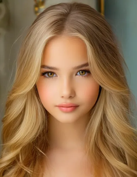 1 young american girl 12 years old, beautifull, alone,  your voice is clear, long blonde hair, long and blond hair,with a subtle...