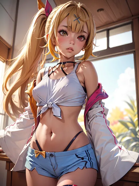 (nsfw:1.2), (masterpiece, Highest quality), One girl, hoshikawasaraNS, One girl, alone, Long Hair, hair ornaments, Long sleeve, belly button, Bare shoulders, Hair Ribbon,Wide sleeves, Side Ponytail,Crop top,Sheer sleeveless shirt,Thigh straps, Heterochromi...