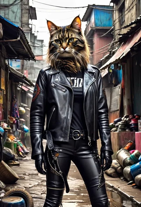 The head is a cat、Bipedal、Cat Rider、Biker、Thick leather jacket。Wildcat Rock。ハーレーダビットソンに乗ってSlumsを疾走する。Decadent atmosphere、Slums、Ultra-realistic。８K Image。Precision Painting、Real Image。