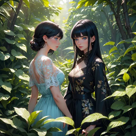 a beautiful young woman, detailed blue eyes, medium length black hair with bangs, highly detailed facial features, detailed skin texture, elegant dress, standing in a lush garden, sunlight filtering through the trees, intricate floral patterns, warm color ...