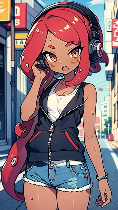 splatoon style anime illustration,rapper girl,octopus girl,octoling,skiny tank-top,Denim shorts with open zipper,dark skin,hair with octopus suckers,
headphone,navel,,sweat,in street,open mouth,