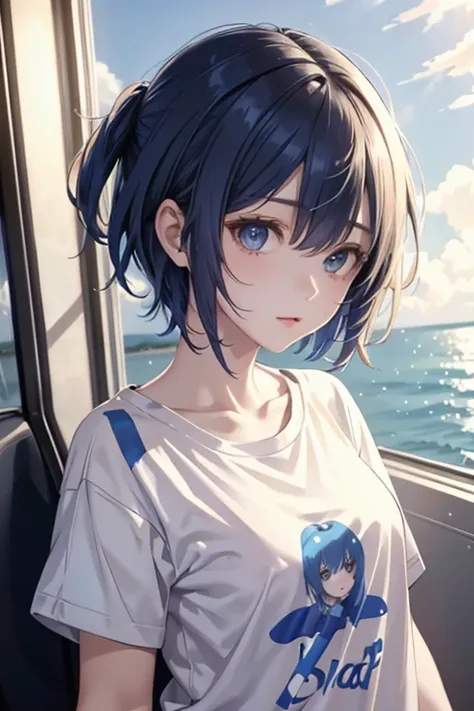 1girl,solo,blue hair,cobalt blue hair,short hair,(t-shirts:1.2)