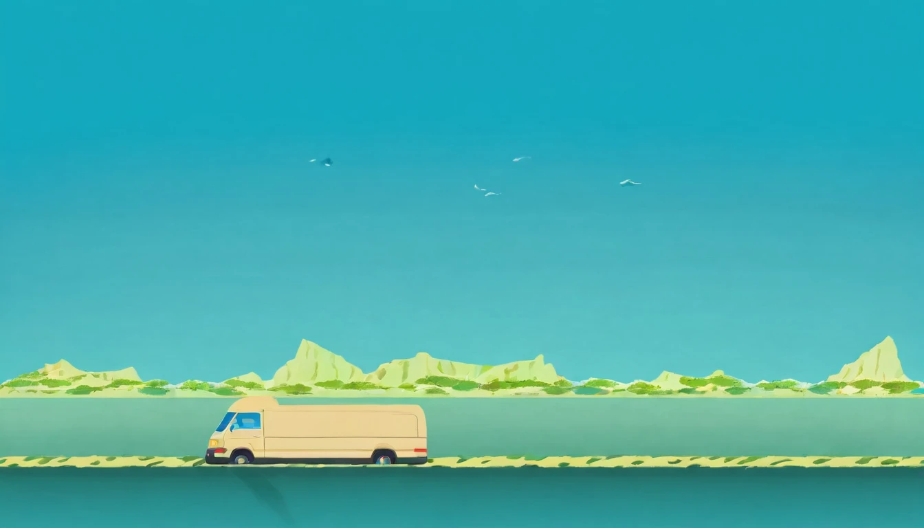 (Minimalism:1.4), A minibus on the road, Studio Ghibli Art, Miyazaki, Pasture with blue sky and white clouds 