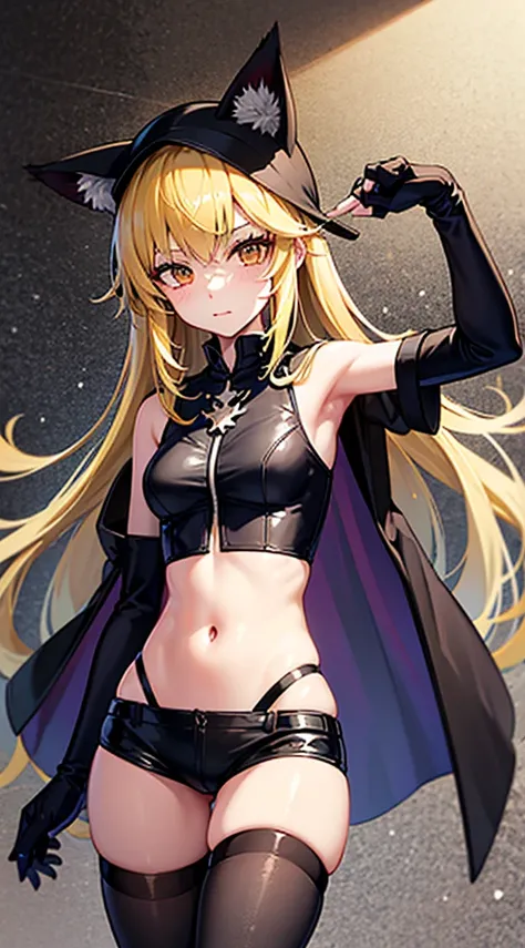 long yellow hair, black gloves, paw gloves, navel, black thighhighs, elbow gloves, girls marcia blouse