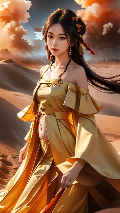 Girl in traditional Chinese clothing, Hanfu, Guzhen Hanfu women, White Hanfu,(long straight black hair:1.5), black eyes, black bun hairstyle, hair accessories ,gold long earrings, , Dia Necklace, Clear eyes, Facing forward,put on makeup, Long eyelashes ,(b...