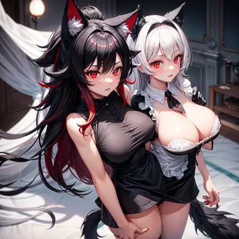 Female wolf alone, wears a short black maid dress showing her panties, has long black fuzzy hair with red highlights, has red eyes, has big breasts, has wolf ears and a wolf tail.