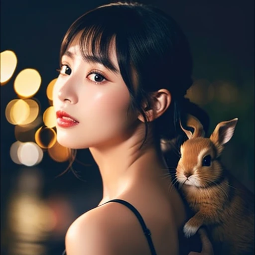 Japanese women、Black hair chignon、bangs、Delicate face、Glowing Skin、Beauty、Black dress、See-through material、Glamorous makeup、Red glossy lip、Holding a rabbit、Moonlit night