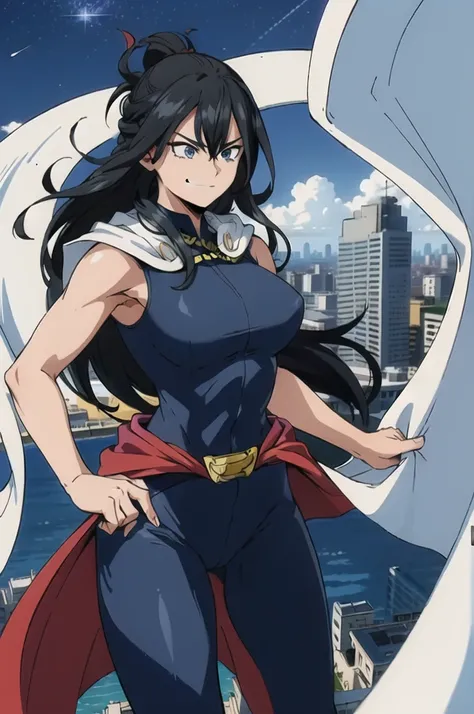 (masterpiece, best quality:1.4), cinematic light, colorful, high contrast, (1girl), NanaShimura, boku no hero academia,  black hair, long hair, [folded ponytail:0.5], (white cape), (large breasts), blue eyes, sleeveless, whole bodysuit, hair between eyes, ...