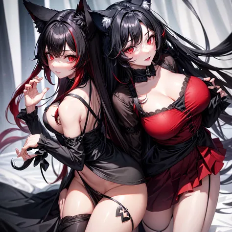 Female wolf alone, wears a short black maid dress showing her panties, has long black fuzzy hair with red highlights, has red eyes, has big breasts, has wolf ears and a wolf tail.