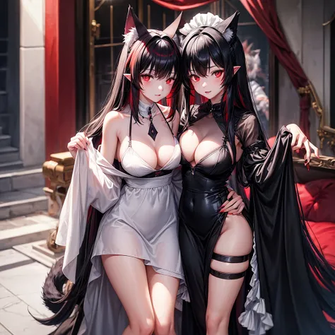 Female wolf alone, wears a short black maid dress showing her panties, has long black fuzzy hair with red highlights, has red eyes, has big breasts, has wolf ears and a wolf tail.