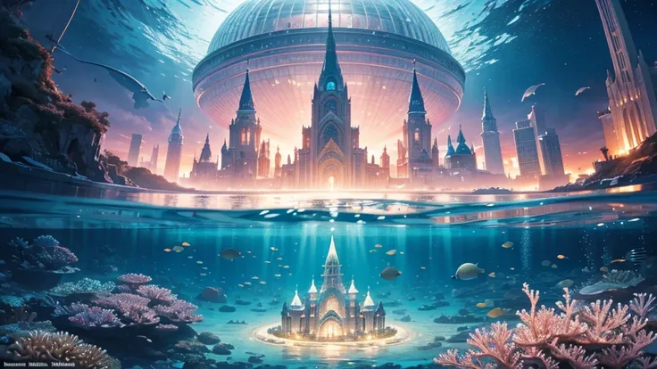 a fantastical and serene deep-sea city. viewed from the ocean floor looking up towards the water surface. the city is very large...