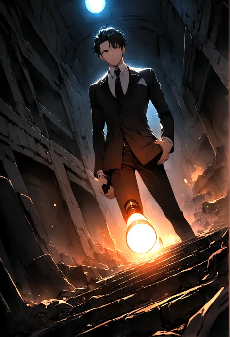 Best quality，masterpiece，Night，Dilapidated village，Young handsome man holding a flashlight，Wearing a black suit，Iguchi，Ultra wide angle