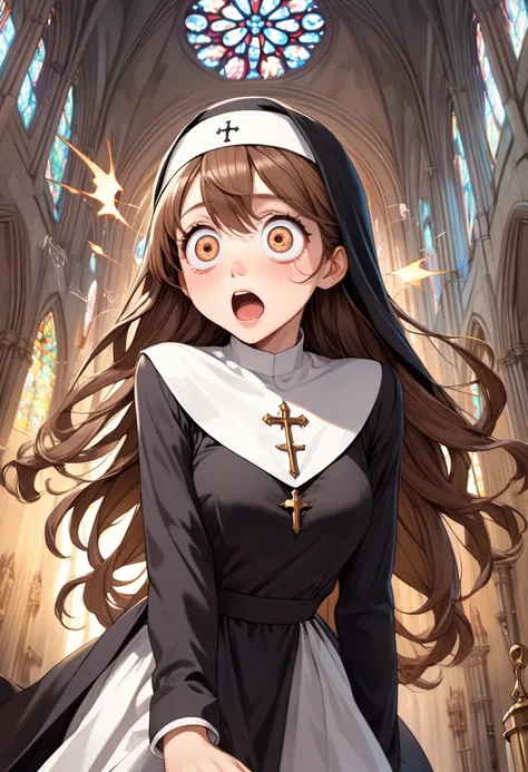 detailed illustration, dynamic angle, ultra-detailed, illustration, 1girl, 18 year old, school girl, wavy brown hair, long hair, bright brown eyes, horrofied, shocked look, wide eyes, amazed eyes, blush, flush, orgasm, cumming, surprised, nun outfit, cathe...