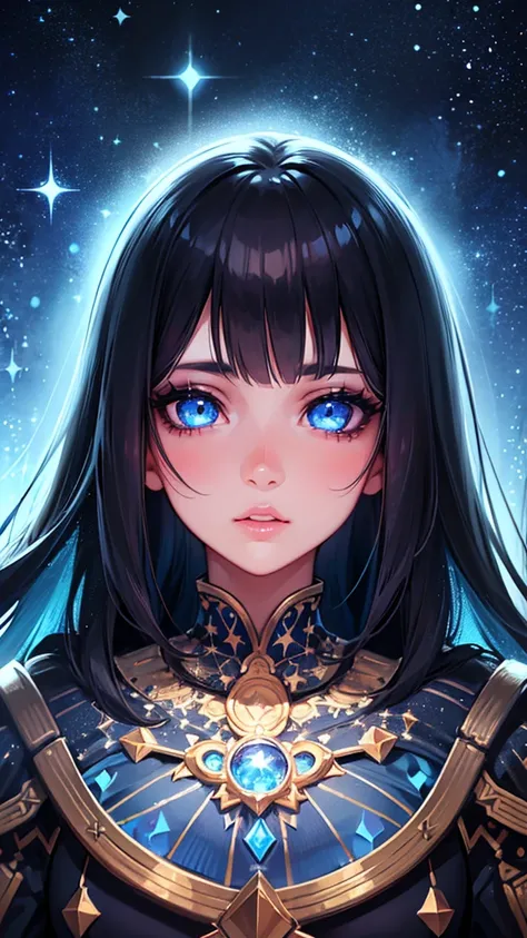 1girl, beautiful detailed eyes, beautiful detailed lips, extremely detailed face, long eyelashes, kawaii aesthetic, blue eyes, black hair with bangs, starry night sky, fantasy, cosmic, ethereal, dreamlike, vibrant colors, glowing, cinematic lighting, 8k, h...