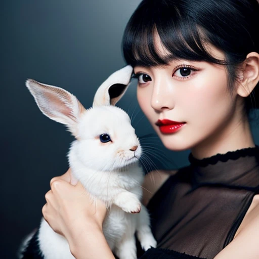 Japanese women、Black hair chignon、bangs、Delicate face、Glowing Skin、Beauty、Black dress、See-through material、Glamorous makeup、Red Lip、Holding a rabbit、Moonlit night