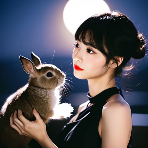 Japanese women、Black hair chignon、bangs、Delicate face、Glowing Skin、Beauty、Black dress、See-through material、Glamorous makeup、Red Lip、Holding a rabbit、Moonlit night