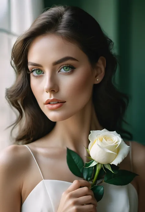 a woman with green eyes, flawless skin, half body shot, holding a white rose, whimsical photography style, captured with an Arriflex 35BL camera using Canon K25 prime lenses, cinematic, dramatic lighting, ultra clear, breathtaking surreal masterpiece.
