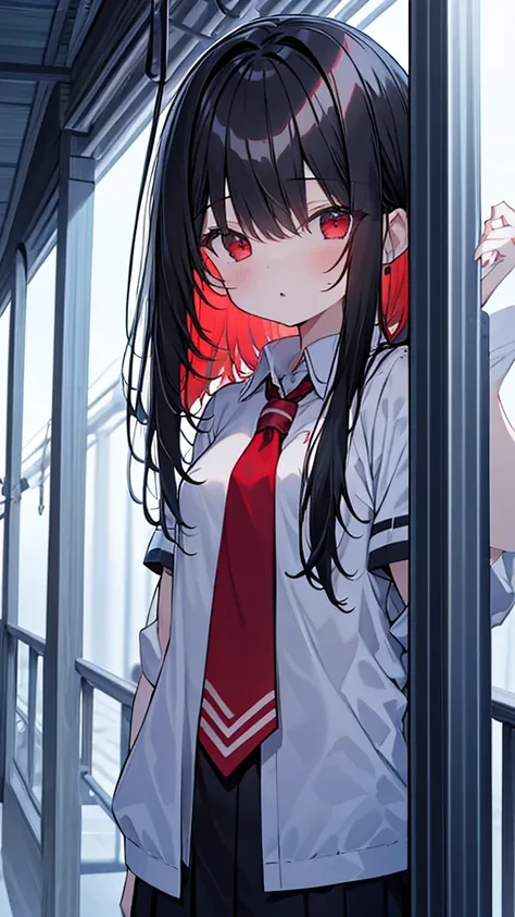 monochrome color, Red Art, grayscales、​masterpiece、top-quality、Top image quality、straight haired、Hanging eyes、kawaii、A darK-haired、red eyes、Uniforms、the wind、