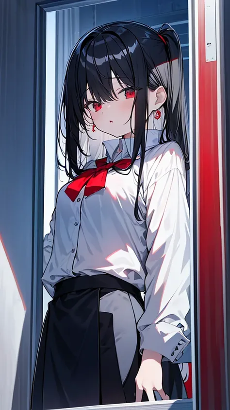 monochrome color, Red Art, grayscales、​masterpiece、top-quality、Top image quality、straight haired、Hanging eyes、kawaii、A darK-haired、red eyes、Uniforms、the wind、