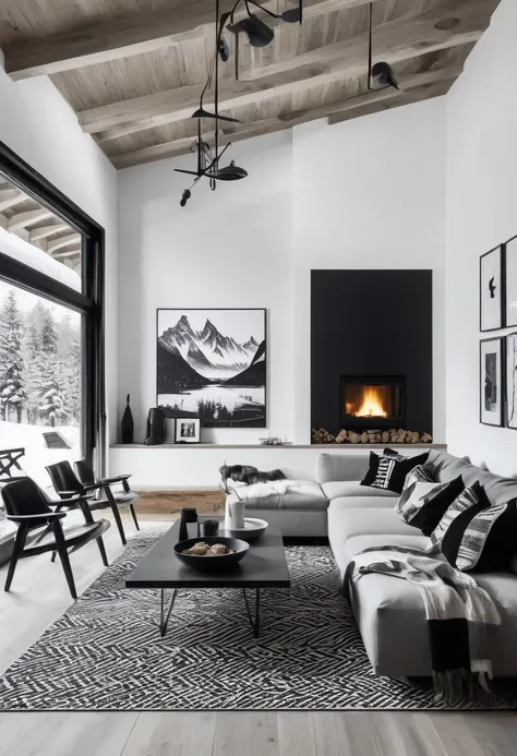 Minimalist modern chalet living room with black and white Nordic decoration painting