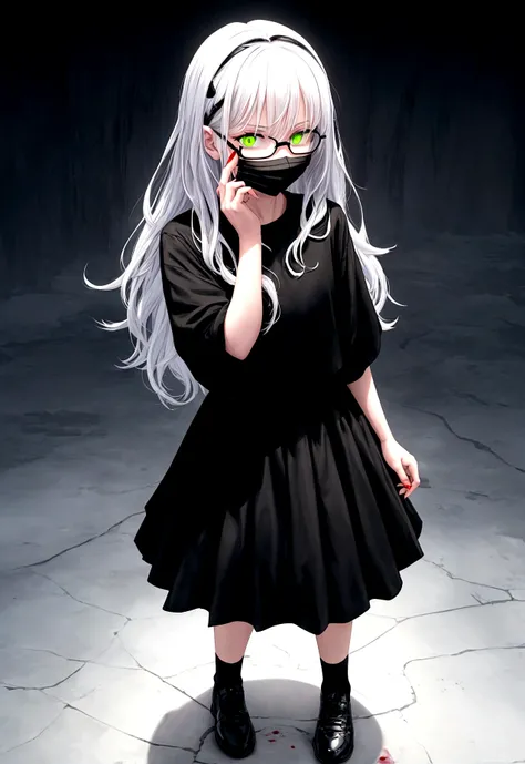 1girl, looking away, glowing eyes, green eyes, hand on own cheek, black t-shirt, black skirt, black socks, white and black shoes, dark and blue background, small hair, white hair, medium , full body, head phone, sharp fingernails, read fingernails, scary, ...