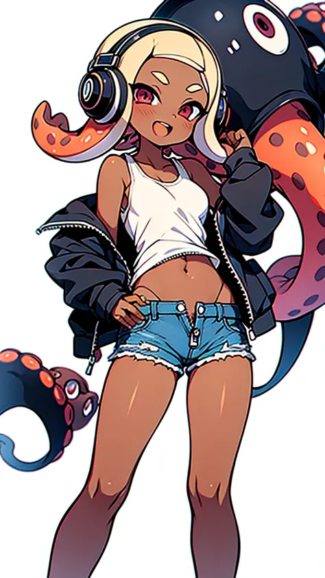 splatoon style anime illustration,octopus girl,octoling,skiny tank-top,(Denim shorts with open zipper),dark skin,hair with octopus suckers,
headphone,navel,in street,open mouth smile,