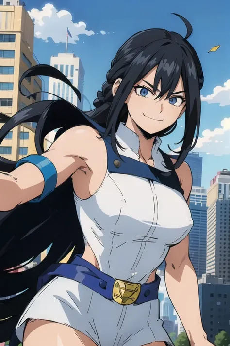 (masterpiece, best quality:1.4), cinematic light, colorful, high contrast, (1girl), NanaShimura, boku no hero academia, black hair, long hair, [folded ponytail:0.5], (large breasts), blue eyes, sleeveles, hair between eyes, belt, city, smirk, naked