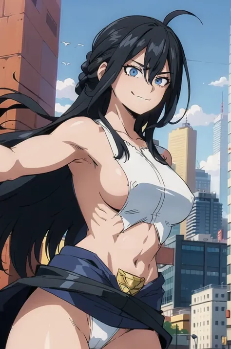 (masterpiece, best quality:1.4), cinematic light, colorful, high contrast, (1girl), NanaShimura, boku no hero academia, black hair, long hair, [folded ponytail:0.5], (large breasts), blue eyes, sleeveles, hair between eyes, belt, city, smirk, naked