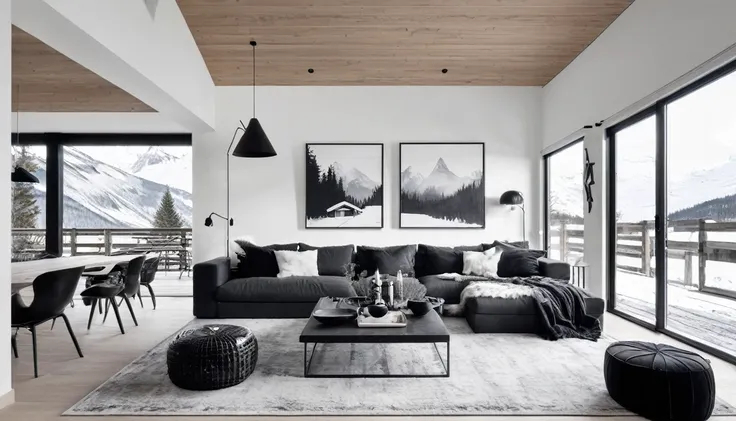 Minimalist modern chalet living room with black and white Nordic decoration painting
