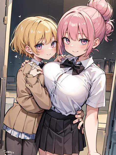 masterpiece, Highest quality, High resolution, ＪＫ,huge tit,One girl,black bow,black bowtie,Blonde,bow,bowtie,chest,Hair Bun,Hand in hand,Intertwined fingers,Long Hair,View your viewers,1人のboy,boy,hug,Pink Hair,pleated skirt,Tucked in shirt,short hair,skirt...