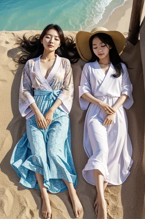 korean and thai woman sleeping in a fashionable beach outfit 