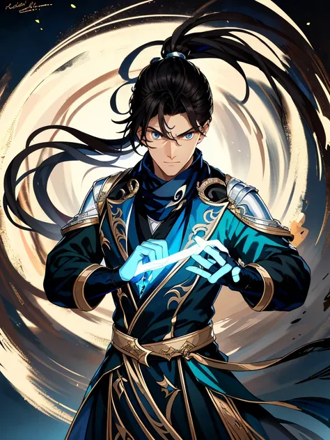 a painting that represents the nature of magic in his world，Black hair with high ponytail，blue eyed protagonist，There is a mysterious black mark on the neck，Blackn clothes，Immerse yourself in a barrage of magical energy，Normal hands，Glowing particles dance...