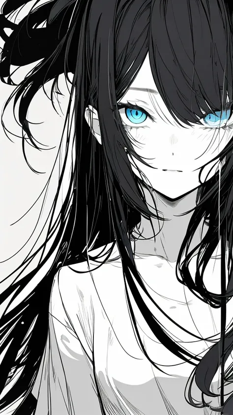 monochrome color, Blue Art, grayscales、​masterpiece、top-quality、Top image quality、straight haired、Hanging eyes、kawaii、A dark-haired、blue eyes、the wind、ビル群