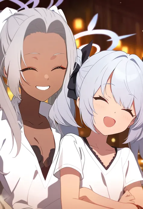 iori, blue archive, smiling, closed eye, silver hair, twintail, v neck, cute, dark skin