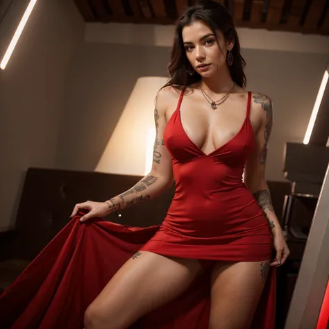 generate me the most beautiful original woman in the world with tattoos, jewelry and a tight and sexy red dress all in 8k