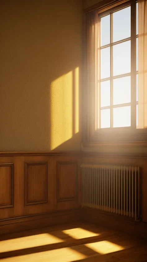 room at golden hour, sunlight streaming through windows, warm lighting, detailed textures, high quality, photorealistic, 8k