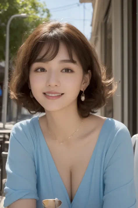 ((Best Quality, 8k, Masterpiece:1.3)), 40k, Perfect Body Beauty:1.4, cinematic lighting, curly hair, short hair, straight Bangs, wearing a light blue crewneck dress , 18 age , (sunny, street:1.2), (in front of cafe:1.2), Highly detailed face and skin textu...