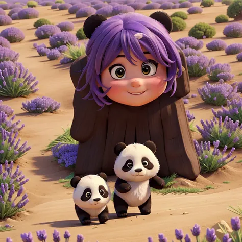 Beautiful girl with cute a panda running on a lavender field.