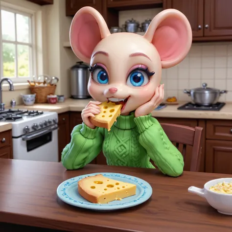 A hyperrealistic full body of a cute and adorable small cartoon character anthropomorphic baby mouse, sweater,first prominent tooth, sit on a giant kitchen table eating a bit of cheese, rendered in Unreal Engine 5.This 3D character has a happy expression, ...