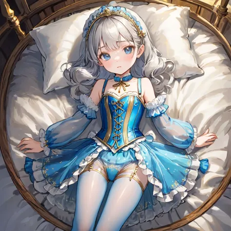 8 year old medieval girl, １people々、In underwear、Gold and silver thread embroidery、Translucent underwear that reaches below the knee（Bloomers）wear、wear a semi-transparent corset、Translucent slip, Translucent light blue tights、sleep