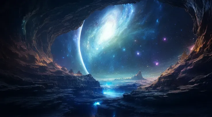 Arafed view of a galaxy with bright blue light, mythical gigantic space cavern, Epic dreamy fantasy landscape, 美しいExotic Landscapes, A magnificent and beautiful space science fiction, Portal to space, Fantasy Space, 素晴らしいExotic Landscapes, Space Landscape,...