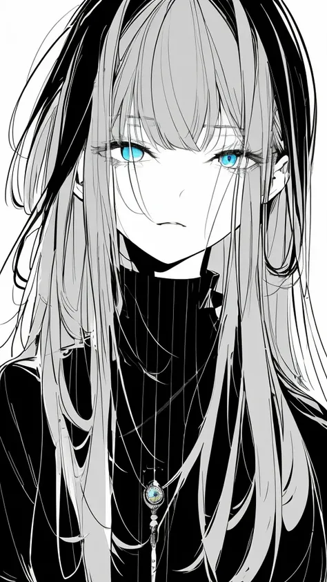 monochrome color, blue art, grayscales、​masterpiece、top-quality、top image quality、straight haired、hanging eyes、kawaii、a dark-hai...