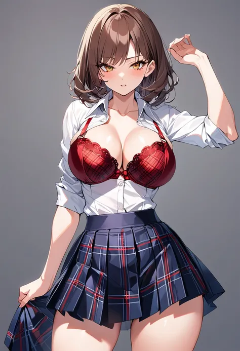 10th Generation,A beautiful woman,Beautiful breasts,Tight waist,Moe,Brown Hair,A short white button-up collared shirt,Red, flashy, front-hook satin bra,Red satin panties,Pleated skirt with dark blue plaid pattern,Black knee-high socks,Show off your body,Pr...